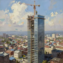 a beautiful 8 k photorealistic masterpiece oil painting, man building a skyscraper in a slum, hyperrealism, 1 6 k, trending on artstation