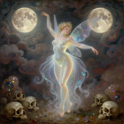 concept art of translucent glowing curvy buxom fairy dancing, renaissance, flowy, melting, round moons, rich clouds, very detailed, volumetric light, mist, fine art, decaying, textured oil over canvas, epic fantasy art, very colorful, ornate intricate scales, floor of skulls, fractal gems, 8 k, wide angle