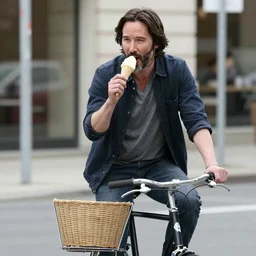 Keanu Reeves eating ice cream on a bicycle