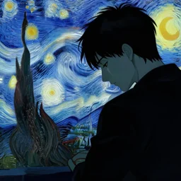 2 d artistic picture of a young man with sharp facial features and anime style hair looking sadly down on his hand, rear facing, only black and blue colour spectru, melancholic, allegorical style, by peter mohrbacher, jeremy mann, francoise nielly, van gogh, ross tran, beautiful, award winning scenery