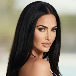 Beautiful Head and shoulders portrait of confident flirty megan fox with straight long black hair, wearing a bikini by Zoë Mozert , Stephen Wayda , alberto Vargas, arney freytag, artstation, 35mm, fashion photoshoot, posing on the beach, golden hour, bokeh, rim lighting, fashion pose, octane, 4k