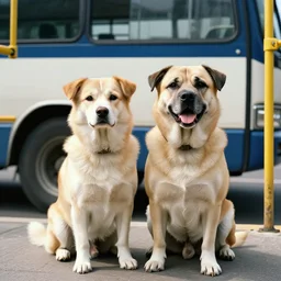 a photo of two dogs sitting in front of the bus, hd award winning photograph, high detailed, 2001 style