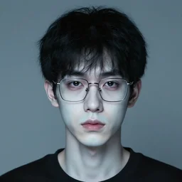 a man in his mid twenties with thin square glasses, skin fade black hair, pale white skin, nerdy, ugly