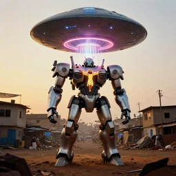 mecha ROBOT of AJEGUNLE SLUMS of Lagos inside african JESUS CHRIST about AESTHETICS surrounding large UFO within NEON ray of light, photographed by Martha Cooper, Golden Hour light, analogue photo