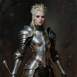 portrait of a skinny punk goth warrior wearing armor by simon bisley, john blance, frank frazetta, fantasy, sorceror