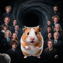 happy face portrait of a little hamster floating in space towards a large swirling black hole, Alena Aenami, Petros Afshar, Noah Bradley, Anton Fadeev, Anato Finnstark, Steve Henderson, Filip Hodas, Mark Keathley, Thomas Kinkade, Phil Koch, Gilbert Williams, Mike Winkelmann, Beeple