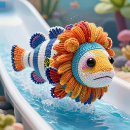 a closeup photorealistic photograph of a colorful knitted barracuda lion swimming down a water slide. intricate stitching. professional capture. bright scene. this 4 k hd image is trending on artstation, featured on behance, well - rendered, extra crisp, features intricate detail, epic composition and the style of unreal engine.