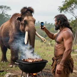 “color photo of a Neanderthal man taking an iPhone photo of a mammoth cooking on the grill, National Geographic , anthropology photo”