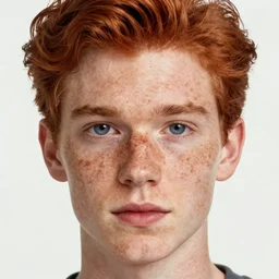 face portrait of a thin young man with red hair and a lot of freckles, blue eyes, a long nose, highly detailed, digital art