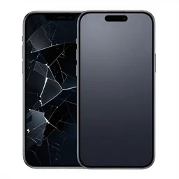 a smartphone where the left half is broken and the right half is repaired, depicted next to a cog wheel and a wrench, black logo art