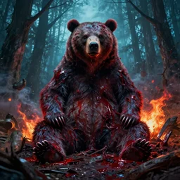 high resolution 4 k goru, blood, furry bears horror made in abyss design bizarre design body a field of cool colors shading war bloody war wounded country bears rockafire explosion billy bob sitting in a forest of the abyss eradication, pogrom, at war, art in the style of and oleg vdovenko and akihito tsukushi