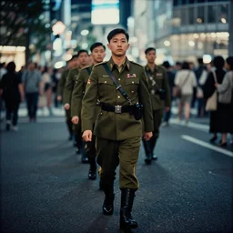 lomography, full body portrait photo of reol wearing a retro military uniform marching down the street in shibuya exterior at night, moody, realistic, dark, skin tinted a warm tone, light blue filter, hdr, rounded eyes, detailed facial features, very dark