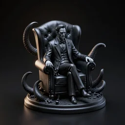 isometric view 2 8 mm miniature statue howard phillips lovecraft dressed suit sitting in tall leather armchair, with small cat on lap, big tentacle sneak around, darkness, black resin material, black background, octane render, backlight