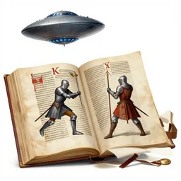 knights and archers fight against ufo, photo of a 1 4 th century codex book, 4 k,