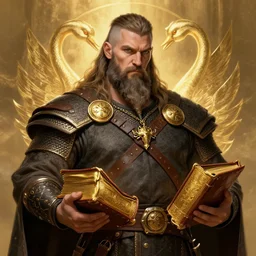 a heavy set viking warrior holding two gold and leather bound books, fantasy, illustration, artstation, cinematic lighting, hyperdetailed, cgsociety, 8k Resolution, high resolution, Charlie Bowater, Tom Bagshaw, Tom Richmond, insanely detailed and intricate, beautiful, elegant, golden ratio, royal swan insignia in background