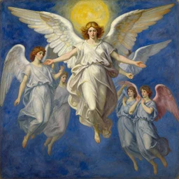 vision of angels - a painting of an angel flying in the sky, with a group of angels flying behind it by henri matisse and viktor vasnetsov, style of golden dawn occult