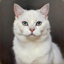 white cat with a face of woman fashion model, hyperrealism oil painting portrait