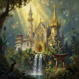fairy palace, castle towers, sunbeams, gothic towers, Japanese shrine waterfall, gold and gems, gnarly details, lush vegetation, forest landscape, painted by tom bagshaw, raphael lacoste, eddie mendoza, alex ross concept art matte painting