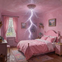 classic oil painting, wide shot of lightning striking the inside of a pink bedroom, as a book cover illustration, extreme winds, cottagecore, intricately detailed, comfy, readability, concept art, sharp focus, art by brothers hildebrandt