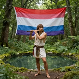 ancient god pan with flute in forest glade with pansexual flag in the background pools of water wide angle realistic photograph