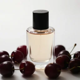 perfume bottle surrounded by dark red cherries, softly - lit, realistic, up close shot, white background, zen, light, modern minimalist f 2 0