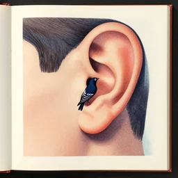 stipple shaded illustration of a bird peering into a human ear, by ilya kuvshinov, anatomy book, retro flat colors, retrofuturism