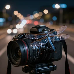 dslr photo freeway photo at night, dragonflies create the lights, very high quality lights, intricate details, extremely high quality, moody lighting, real camera, real photo, slow - shutter, 8 k, full subject in shot