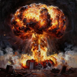 grim centered oil painting of a huge nuclear explosion with toxic waste, octane rendering, trending on artstation, thomas kinkade and james gurney