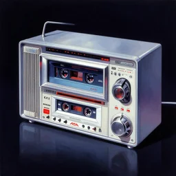 full - color concept art by syd mead of a retrofuturistic 1 9 7 0 s cnn cassette desk akai