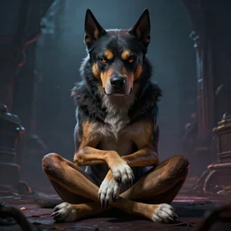 very serious humanoid dog with the legs crossed in front of his face thinking about evil plans, humanoid dog, evil, digital art, fantasy art, greg rutkowski, global ilumination, high quality