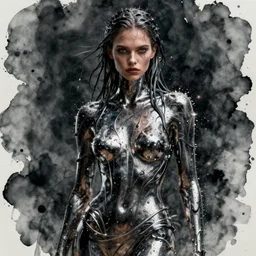 fierce wet fashion model, in the style of irakli nadar, liquid metal, effervescent, dark, brooding, poster art, high detail, hyperrealistic illustration, watercolor, deep mood, hyperrealism, 3 d,