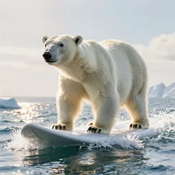 polar bear surfing, ultra realistic, award winning dslr photography, global illumination, radiant lighting