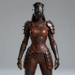 female adventurer in tight full - body leather armor of japanese design and a leather crow mask, trending in artstation