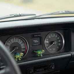 1970s car dashboard with small plastic dinos.