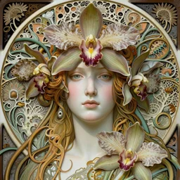 beautiful orchid fairy detailed realistic porcelain face portrait by jean delville, gustave dore, iris van herpen and alphonse mucha, art forms of nature by ernst haeckel, art nouveau, symbolist, visionary, gothic, neo - gothic, pre - raphaelite, fractal lace, intricate alien botanical biodiversity, surreality, hyperdetailed ultrasharp octane render