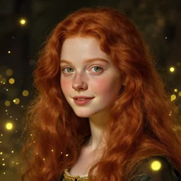 portrait of a red haired girl, long hair, green eyes, hint of freckles, beautiful round face, soft amazed smiles, among golden fireflies, highly detailed, deep focus, elegant, digital painting, smooth, sharp focus, golden ratio, global illumination, radiant light, detailed and intricate environment, illustration, ultra realistic, 8 k, art by artemisia lomi gentileschi and caravaggio