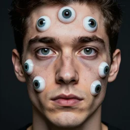 a photo of a man's face, he has eyes all over his face, many eyeballs, mutant, horror