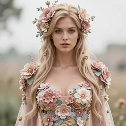 photo portrait of a beautiful woman dressed in long elegant intricate ornamental  ethereal floral dress, natural skin tone, highly detailed realistic flowers ornament in the upper side of breast, bust with a long beautiful neck , long blond hair are intricate with highly detailed  realistic flowers, elegant, Realistic, Refined, Highly Detailed, natural outdoor soft pastel lighting colors scheme, outdoor fine art photography by  la Chapelle, volumetric lighting, hyper realistic photography