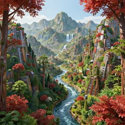beautiful landscape metal forests trees made of metal mountains rivers red and green leaves many layers waterfalls villages castles, buildings artstation illustration sharp focus sunlit vista painted by ruan jia raymond swanland lawrence alma tadema zdzislaw beksinski norman rockwell tom lovell alex malveda greg staples