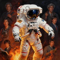 concept art of astronaut on fire, highly detailed painting by dustin nguyen, akihiko yoshida, greg tocchini, greg rutkowski, cliff chiang, 4 k resolution, trending on artstation, 8 k