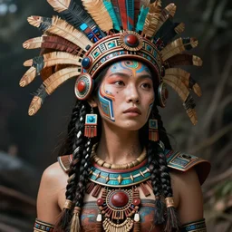 hyper realistic photography portrait of postapocalyptic cyberpunk asian cyborg tribal aztec warrior amazon cinematic, vallejo, craig mullins greg rutkowski, artstation, cgsociety