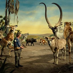 a zoo full of animals, film still from the movie directed by Denis Villeneuve with art direction by Salvador Dalí, wide lens