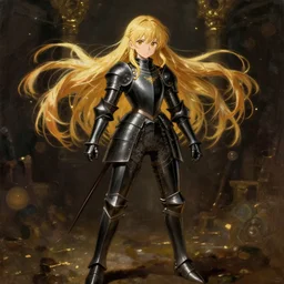 baroque oil painting japanese light novel cover illustration anime key visual full body action shot | young girl wearing black military crusader armour with long flowing blonde hair | rule of thirds golden ratio genius composition | lotr gapmoe kuudere moody lighting bokeh stunning highlights sharp contrast | trending pixiv fanbox | by greg rutkowski makoto shinkai takashi takeuchi studio ghibli