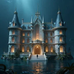 futuristic old manor, crisp, artstation, luxury, beautiful, dim painterly lighting aquatic, 3 d concept art