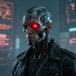 head and shoulders render of man black leather jacket mid distance cyberpunk face ((single_glowing_red_eye red_emissives!)) android face mecha, inhuman creepy intimidating, exposed cable bundles black thick Tom Bagshaw and Greg Rutkowski and Alphonse Mucha Bladerunner 2049 screenshot artstation UE5 2066 trending 165mm