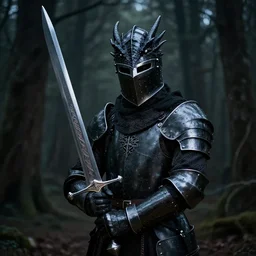 portrait of gothic knight wearing black dragon helmet,, mysterious dark forest background, holding gigantic gut sword, detailed, realistic, shining metal, portrait photography