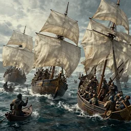 medieval naval battle, extremely high detail, photo realistic, cinematic, post processed, concept art, artstation, matte painting, style by Raphael Lacoste, Eddie Mendoza