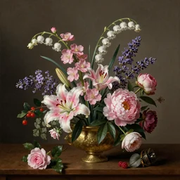 still life of flowers, dutch painting, old masters, in the style of rachel ruysch, complex 3 d render, ultra detailed, 8 5 mm lens, pink blossoms, snowbells, lavender, lily, peonies, roses, foliage, berries,