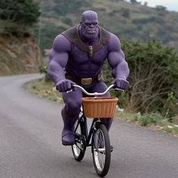 film still of purple thanos in armor as brand riding a very small bicycle with a basket down a steep mountain road in the goonies 1 9 8 5