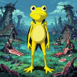 akihito tsukushi high resolution 4 k made in abyss design bizarre nausicaa clothing swamp village design body a field of cool colors shading a yellow pepe the frog with a large nose, paradise, meat butchery, pogrom, war, desolation desolation, art in the style of and oleg vdovenko and akihito tsukushi